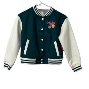Justice Girls Green & Cream Varsity Jacket(Size S 7/8)